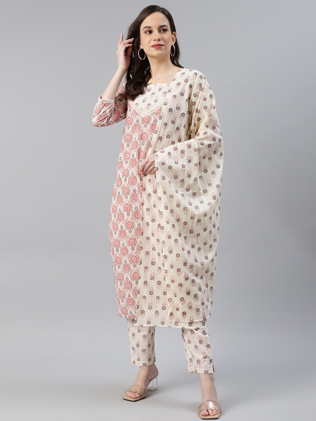 

AHIKA Women Off-White & Pink Printed Pure Cotton Kurta with Trousers & Dupatta