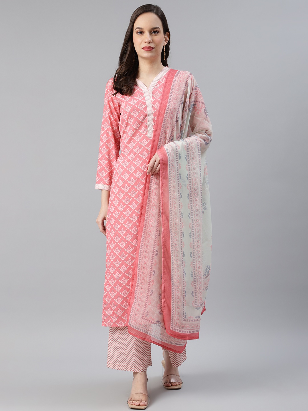 

AHIKA Women Pink & White Printed Kurta with Palazzos & Dupatta
