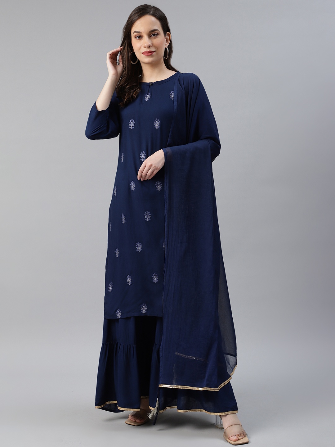 

AHIKA Women Navy Blue Embroidered Pure Cotton Kurta with Sharara & Dupatta