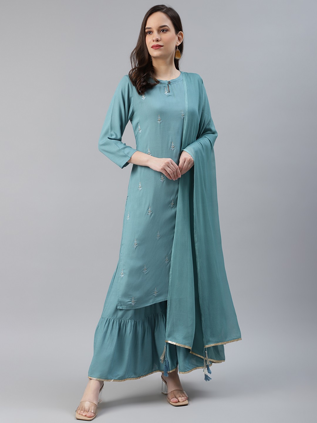 

AHIKA Women Blue Embroidered Pure Cotton Kurta with Sharara & Dupatta