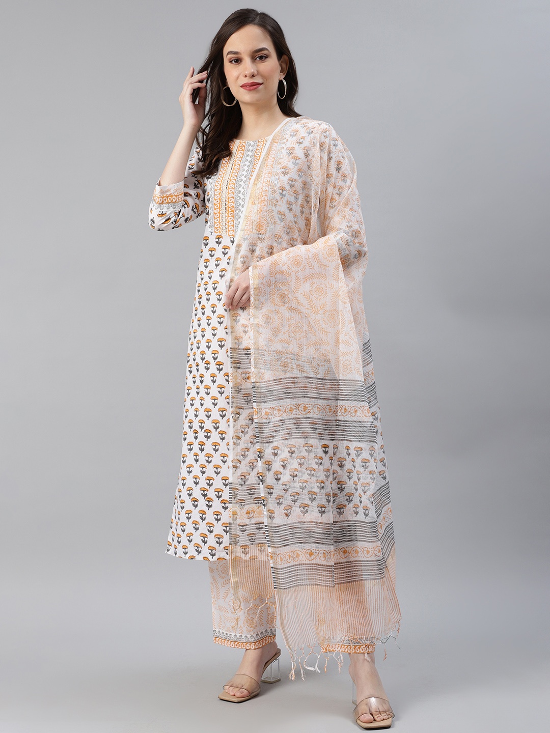 

AHIKA Women White & Orange Printed Pure Cotton Kurta with Trousers & Dupatta