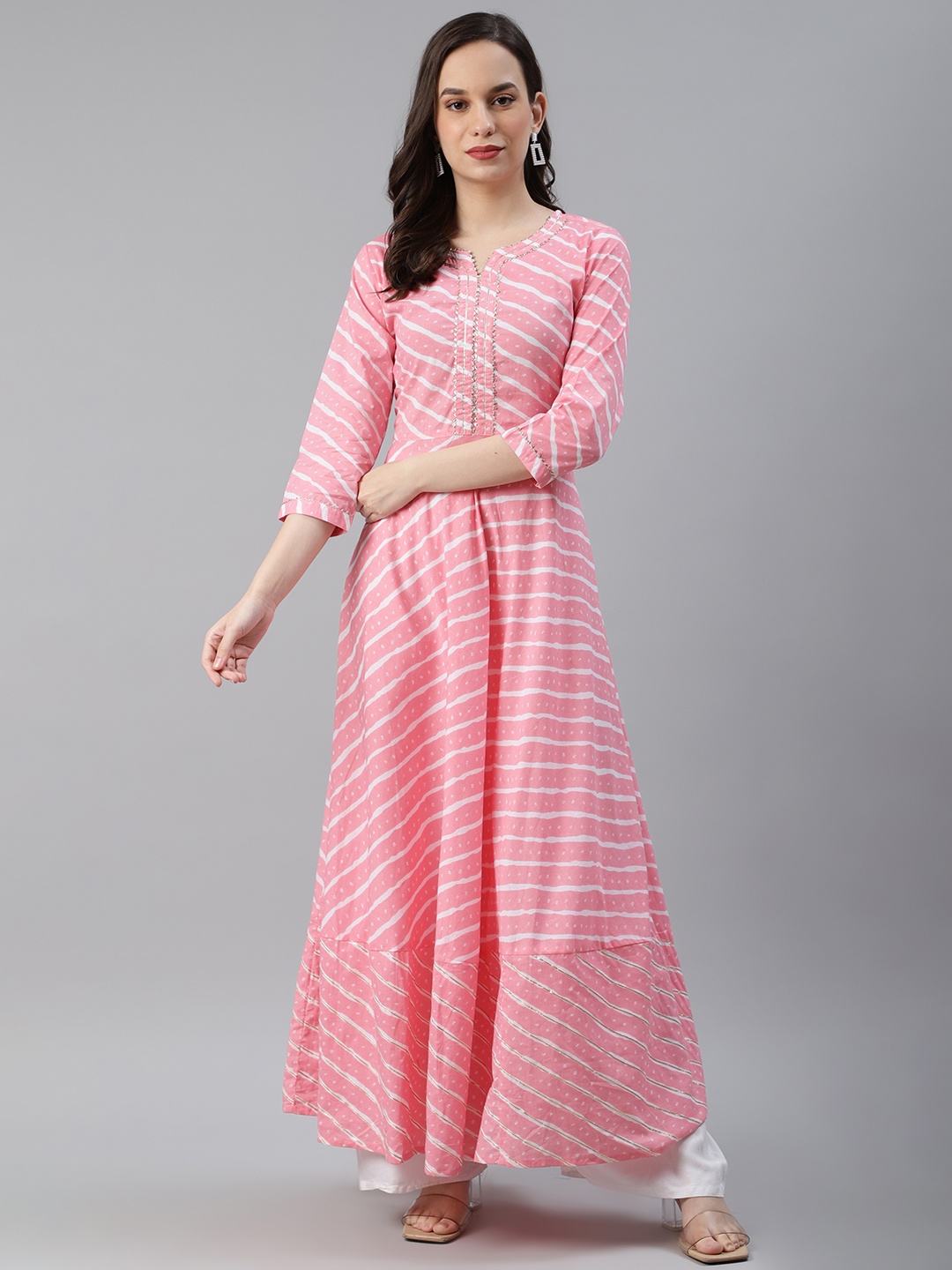 

AHIKA Women Pink & Off White Pure Cotton Striped A-Line Kurta