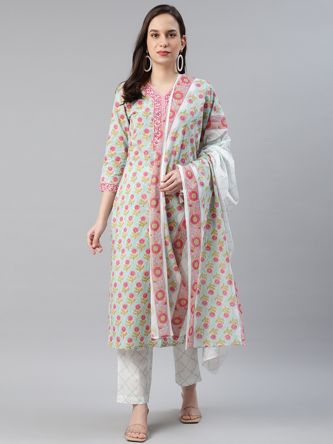 

AHIKA Women Turquoise Blue & Pink Printed Pure Cotton Kurta with Trousers & Dupatta