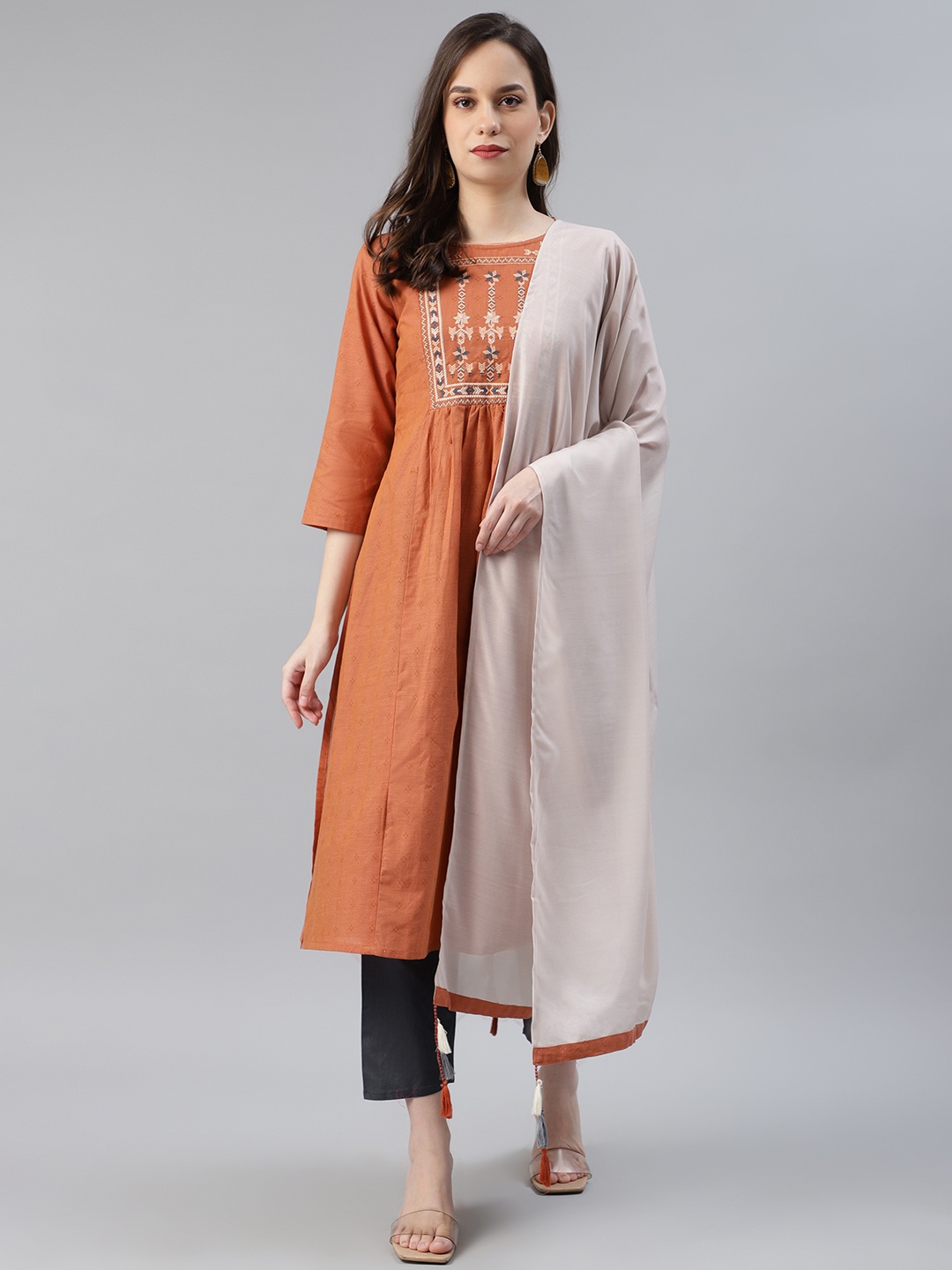 

AHIKA Women Brown Yoke Design Embroidered Kurta with Trousers & Dupatta