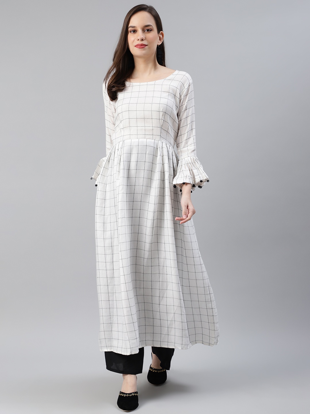 

AHIKA Women Off White & Black Pure Cotton Checked Bell Sleeves A-Line Kurta