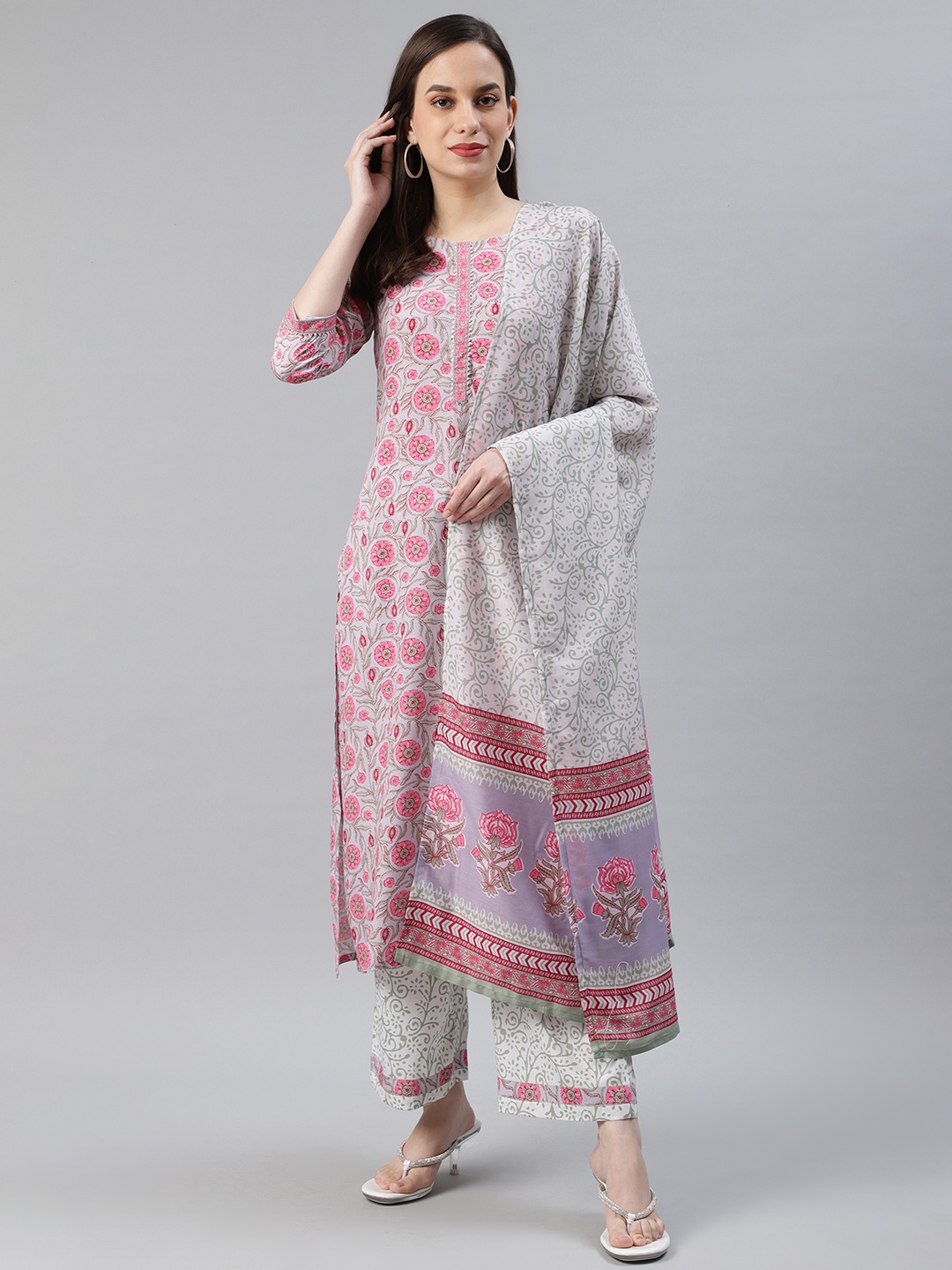 

AHIKA Women Grey & Pink Printed Pure Cotton Kurta with Trousers & Dupatta