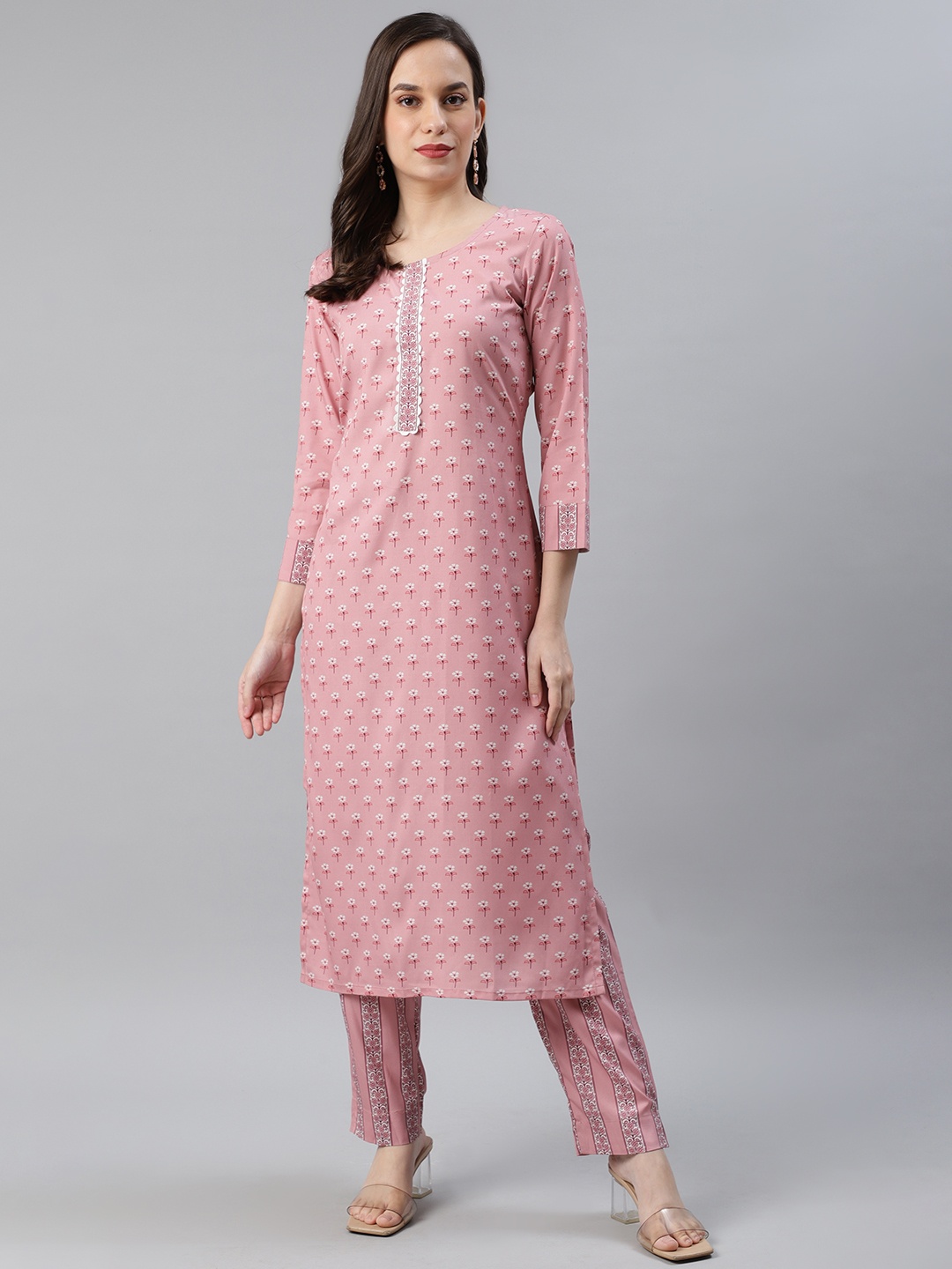 

AHIKA Women Pink & White Printed Kurta with Trousers