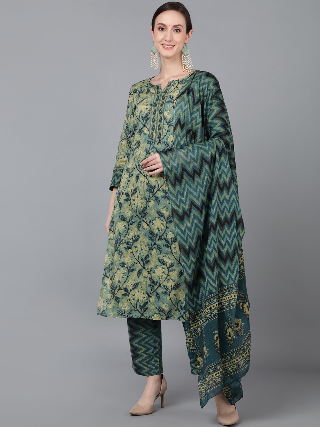 

AHIKA Women Teal Green & Beige Printed Kurta with Trousers & Dupatta