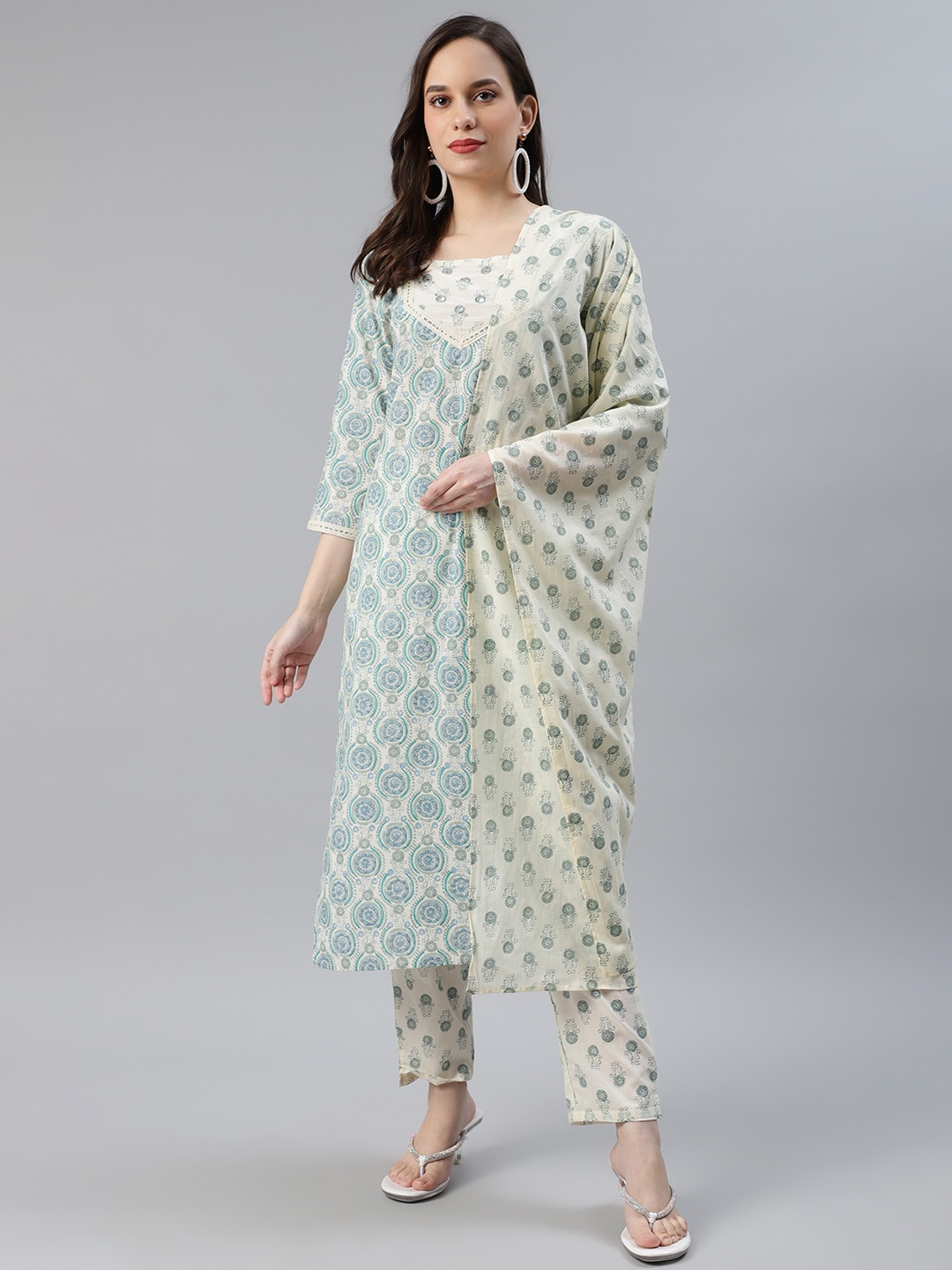 

AHIKA Women Off-White & Blue Printed Pure Cotton Kurta with Trousers & Dupatta