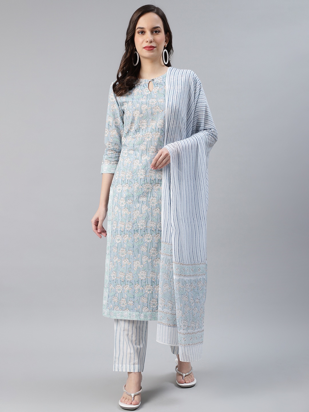 

AHIKA Women Blue & White Printed Pure Cotton Kurta with Trousers & Dupatta