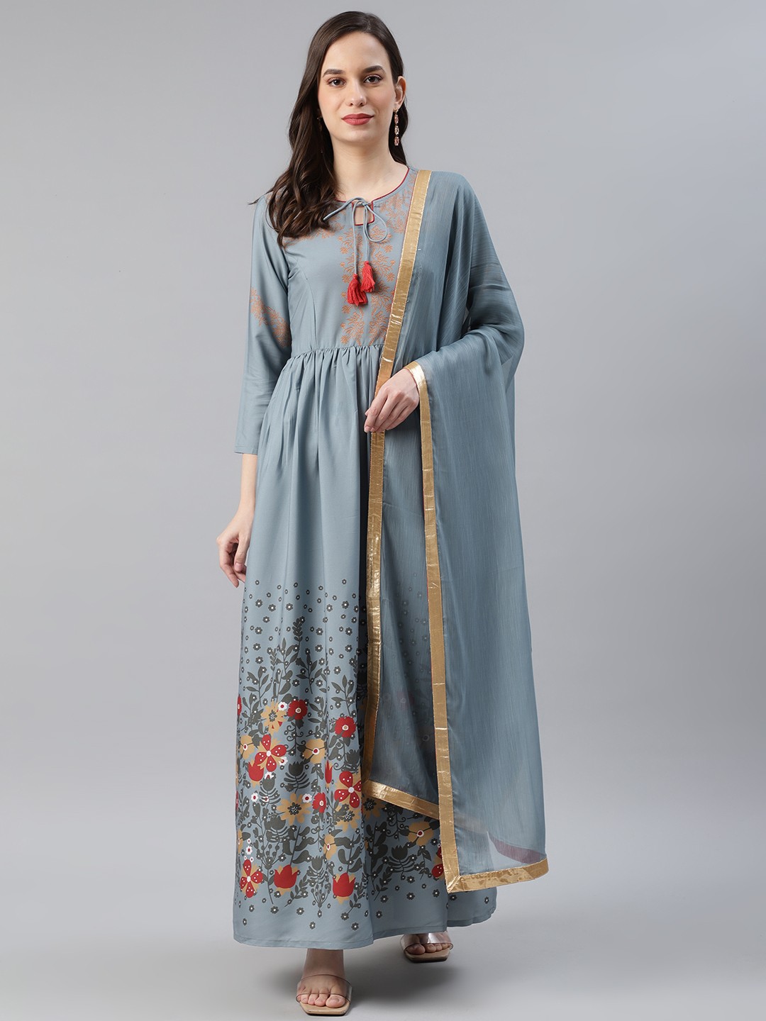 

AHIKA Women Grey & Mustard Brown Printed Kurta with Trousers & Dupatta