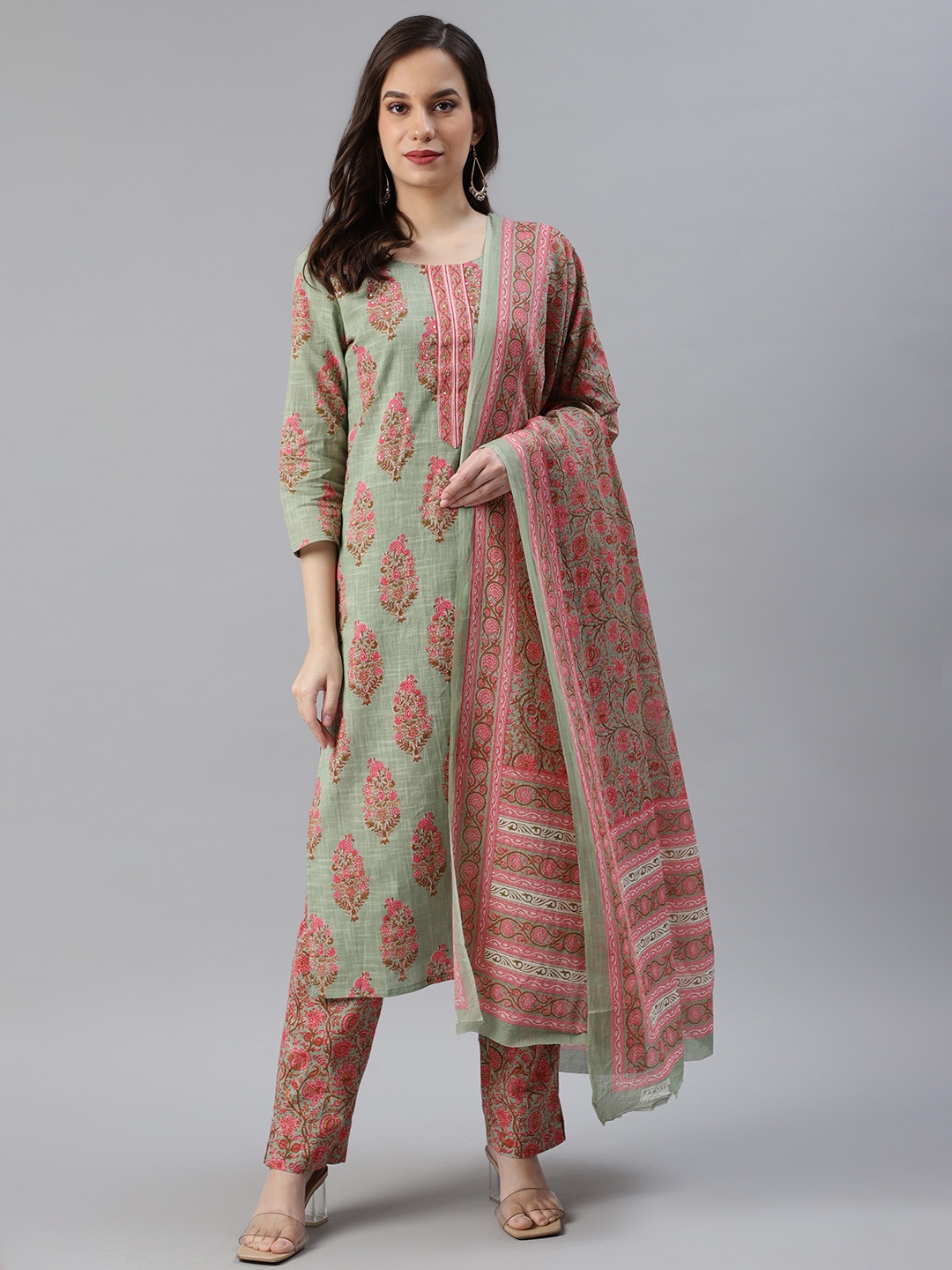 

AHIKA Women Green & Pink Printed Pure Cotton Kurta with Trousers & Dupatta