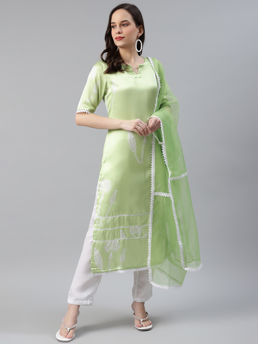 

AHIKA Women Lime Green & White Printed Kurta with Trousers & Dupatta