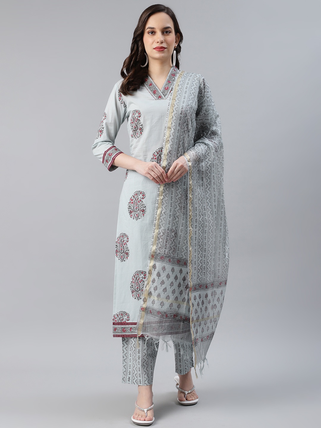 

AHIKA Women Blue & Grey Printed Pure Cotton Kurta with Trousers & Dupatta