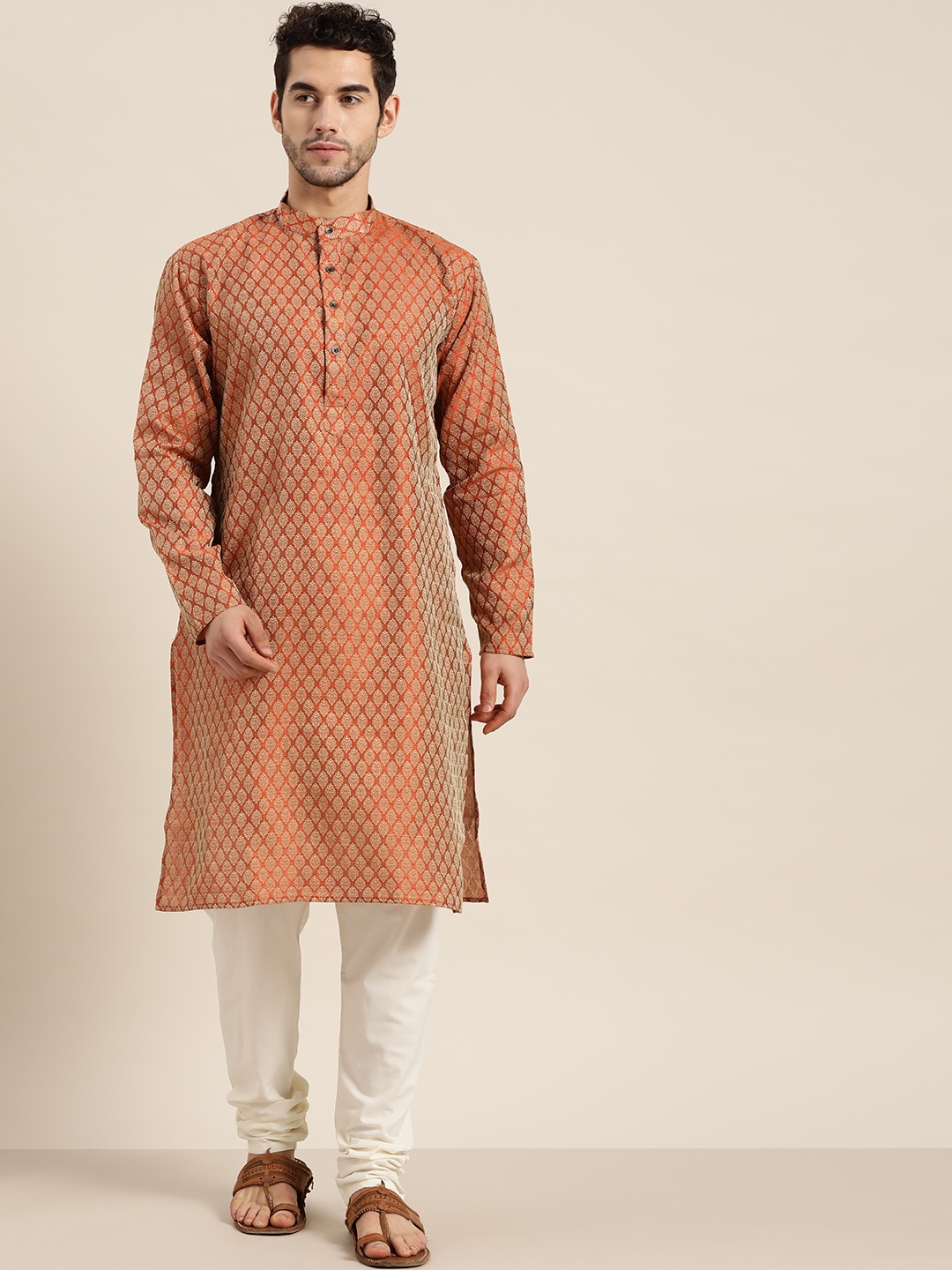 

SOJANYA Men Rust Orange & Cream-Coloured Jacquard Woven Design Kurta with Churidar