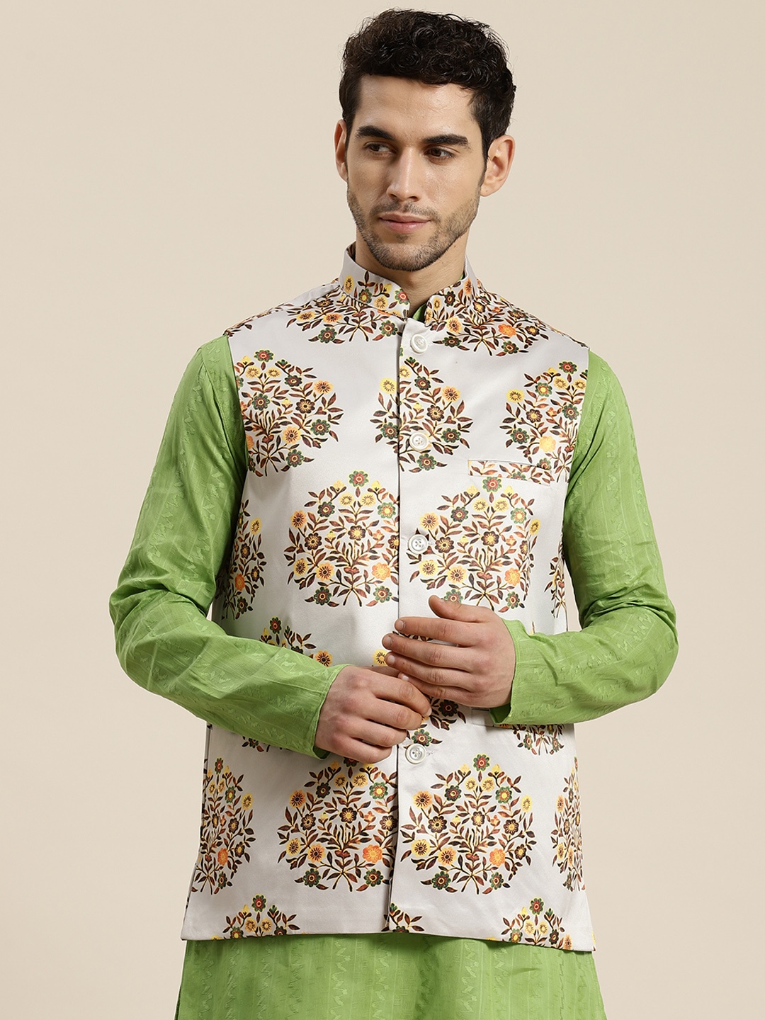 

SOJANYA Men Grey & Rust Brown Floral Printed Nehru Jacket