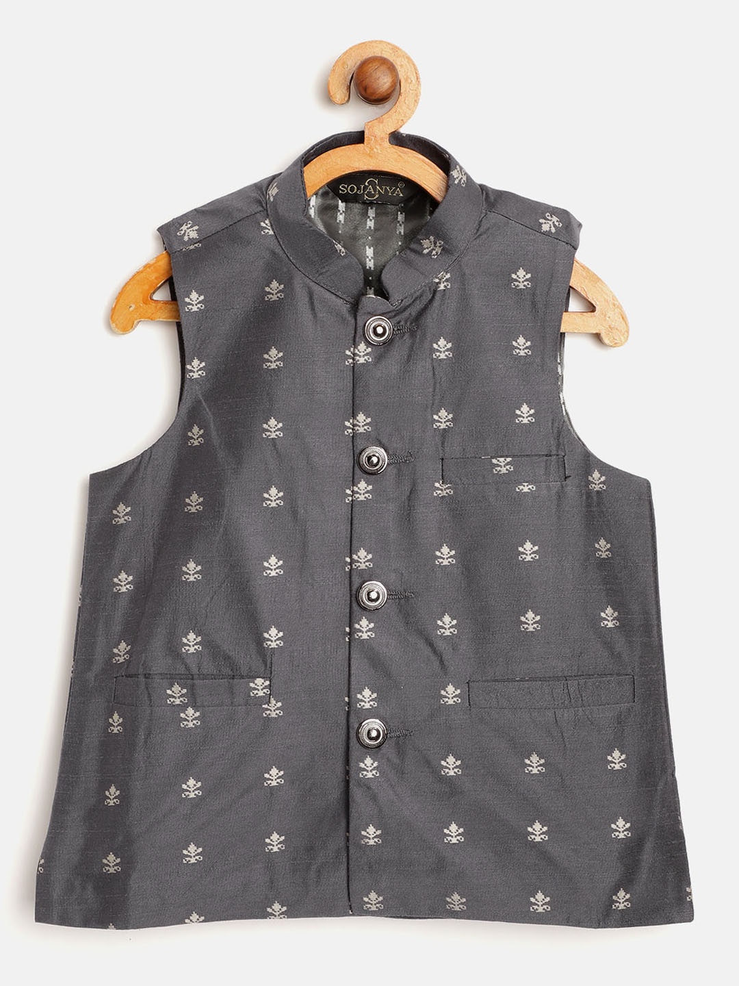 

SOJANYA Boys Charcoal Grey Jacquard Woven Design Nehru Jacket