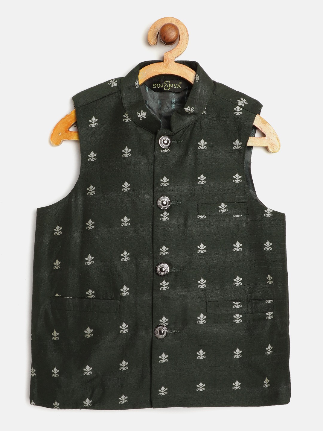 

SOJANYA Boys Dark Green & Grey Jacquard Woven Design Nehru Jacket
