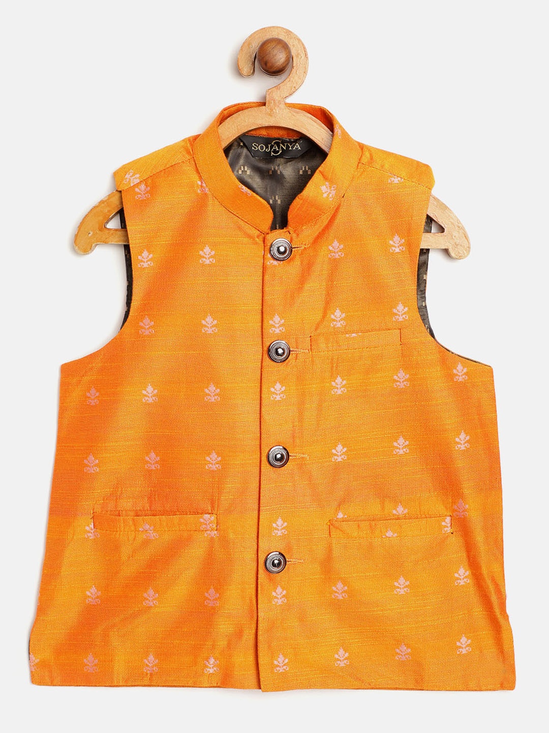 

SOJANYA Boys Mustard Yellow & Beige Jacquard Woven Design Nehru Jacket