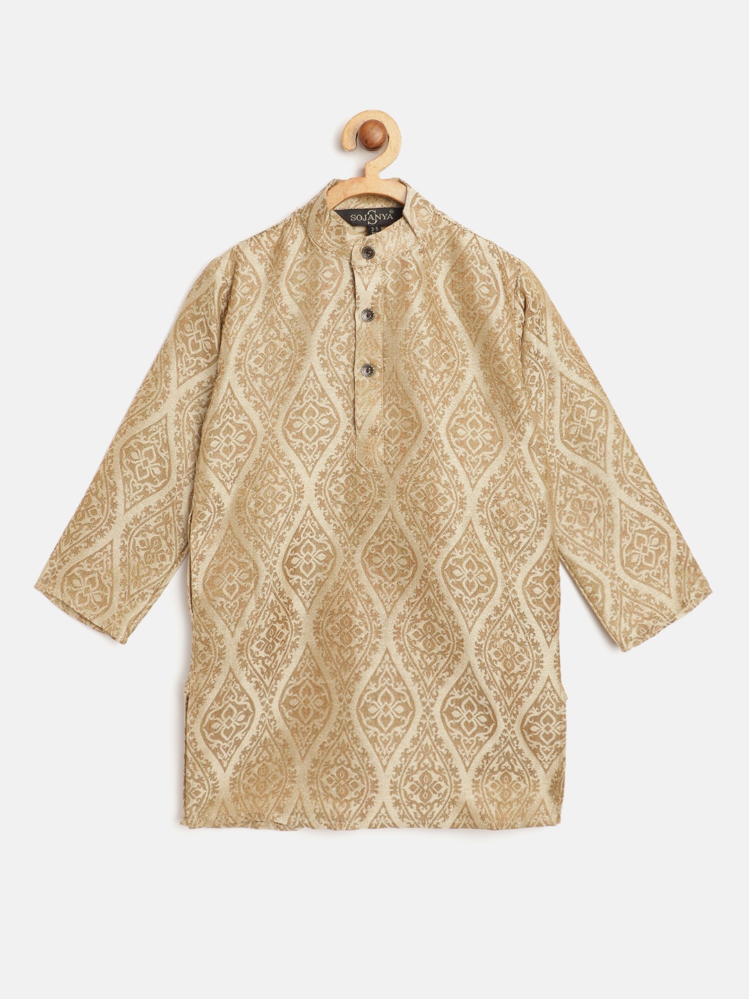 

SOJANYA Boys Beige & Brown Ethnic Motifs Woven Design Jacquard Weave Band Collar Kurta