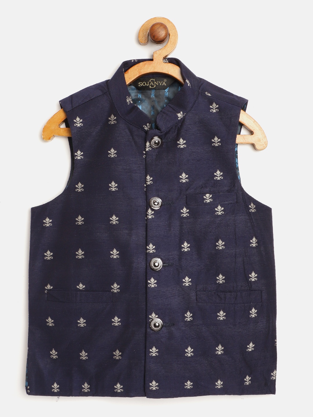 

SOJANYA Boys Navy & Grey Jacquard Woven Design Nehru Jacket, Navy blue