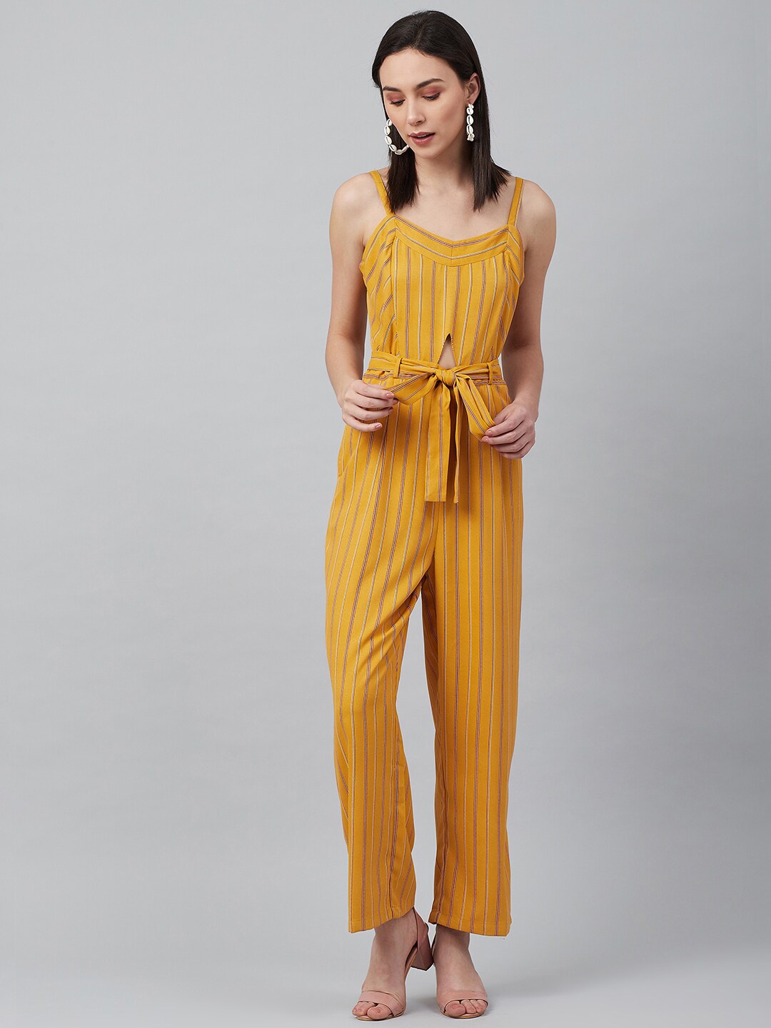 

Marie Claire Women Mustard & Maroon Striped Basic Jumpsuit