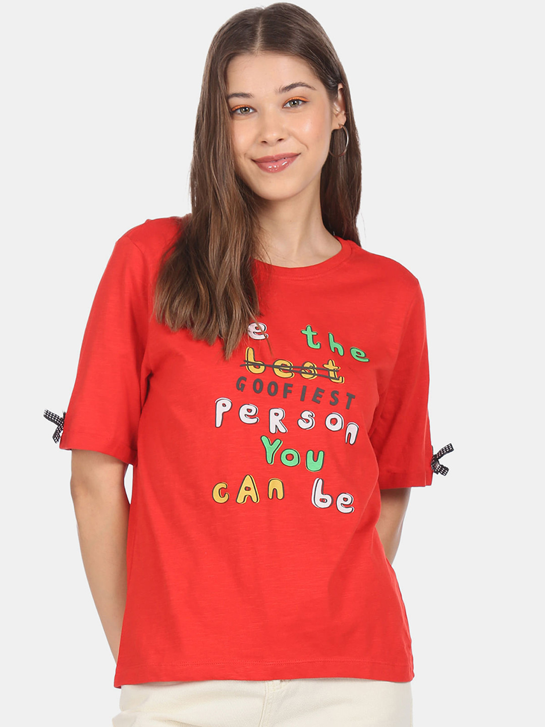 

Sugr Red Round Neck Graphic Print Knit Top