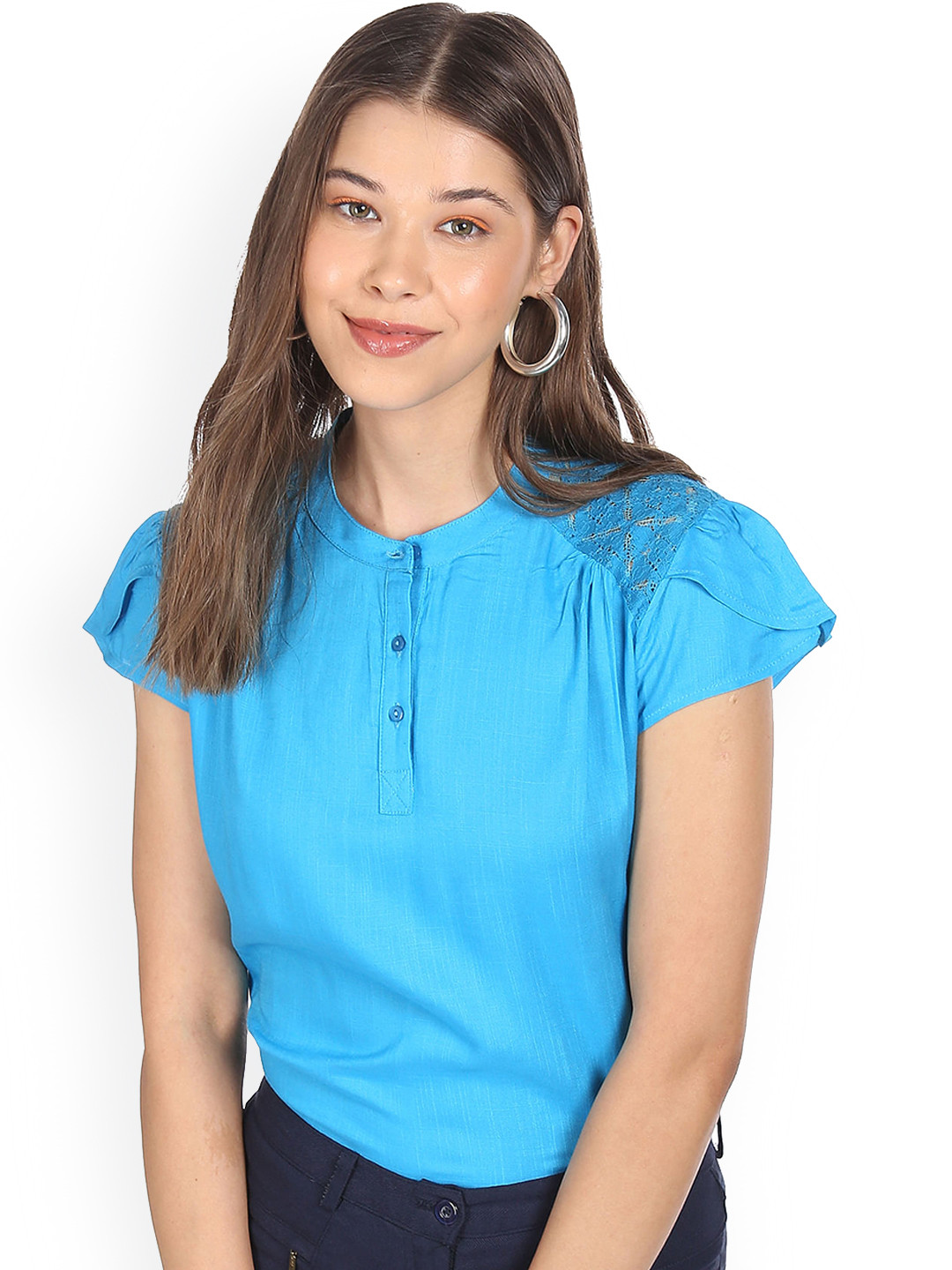 

Sugr Blue Mandarin Neck Tulip Sleeve Lace Yoke Top