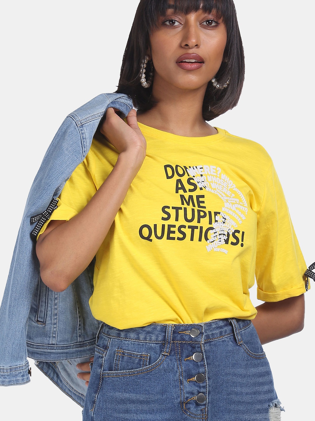 

Sugr Yellow Printed Pure Cotton Regular Top