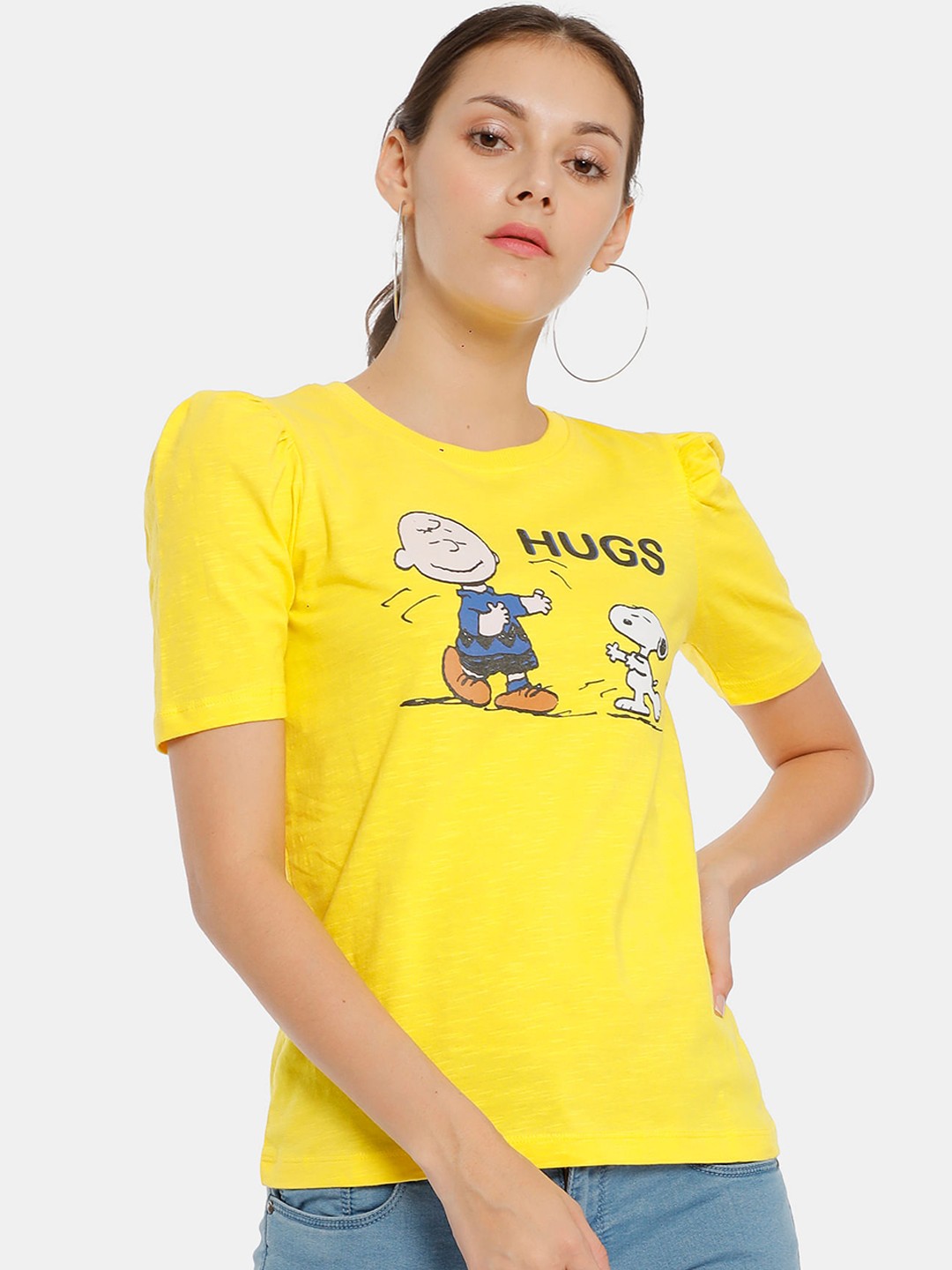 

Sugr Yellow & Blue Snoopy Printed Pure Cotton Regular Top