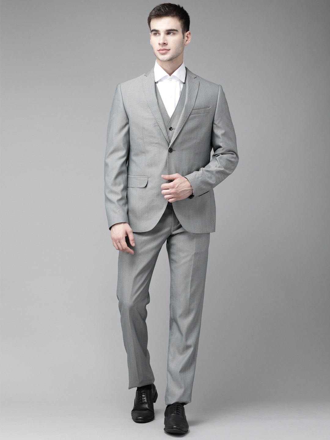 

Blackberrys Men Grey Self-Design Slim Fit Formal Suit