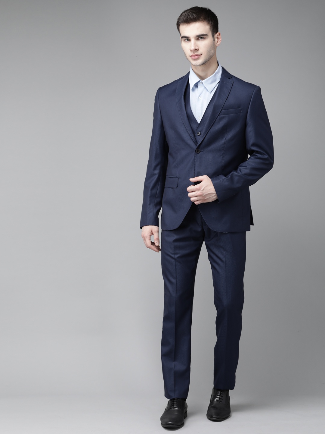 

Blackberrys Men Navy Blue Self-Design Slim Fit Formal 3-Piece Suit