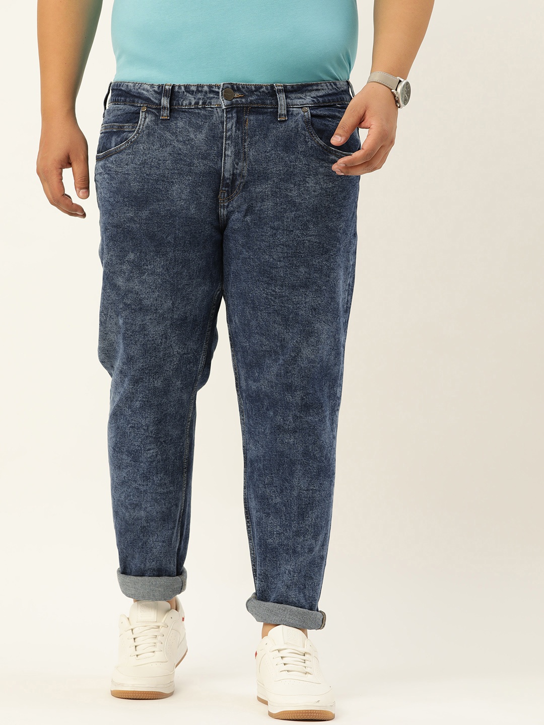 

Sztori Men Plus Size Navy Blue Slim Fit Light Fade Acid Wash Stretchable Jeans