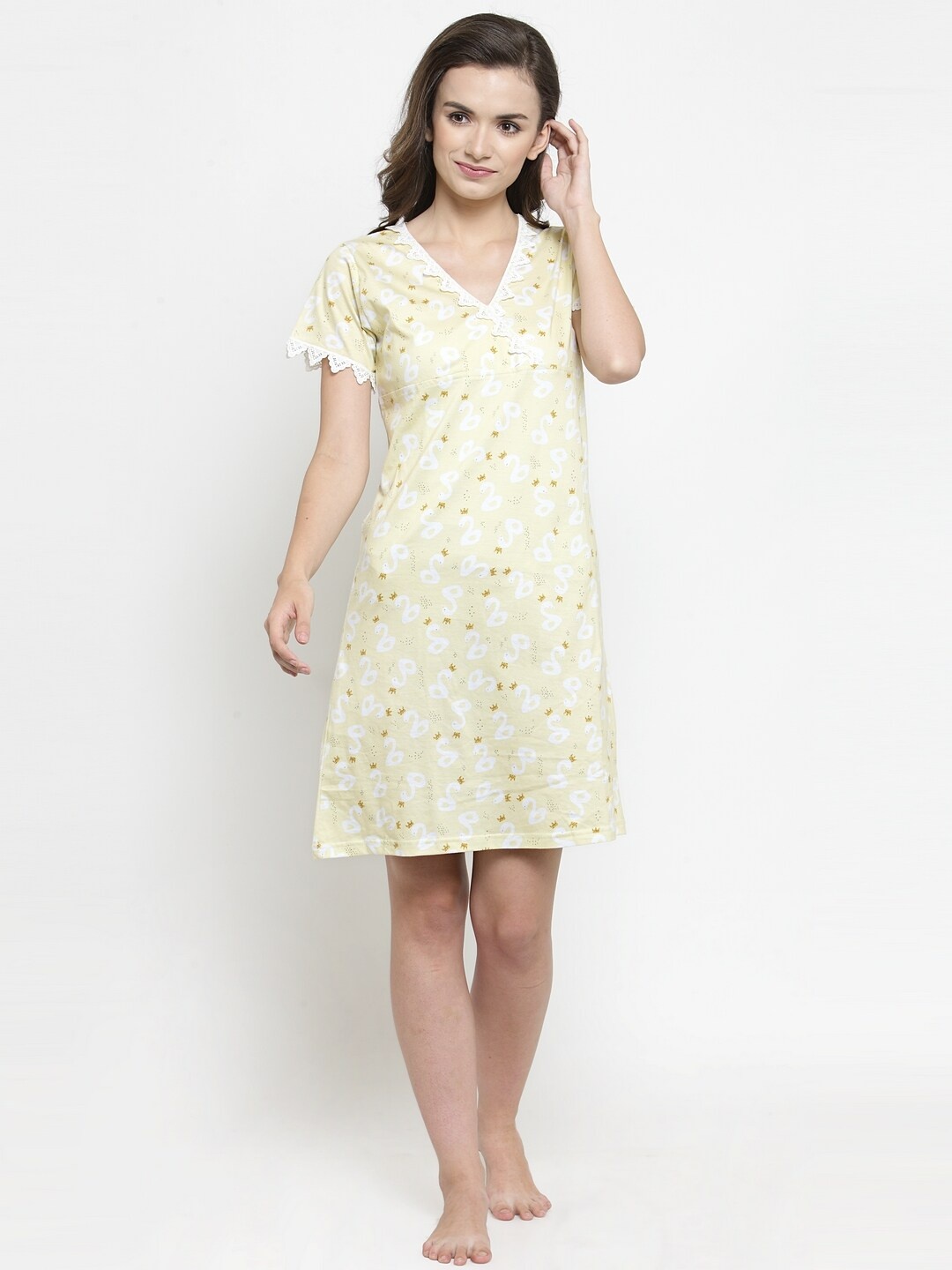 

Claura Yellow & White Printed Nightdress