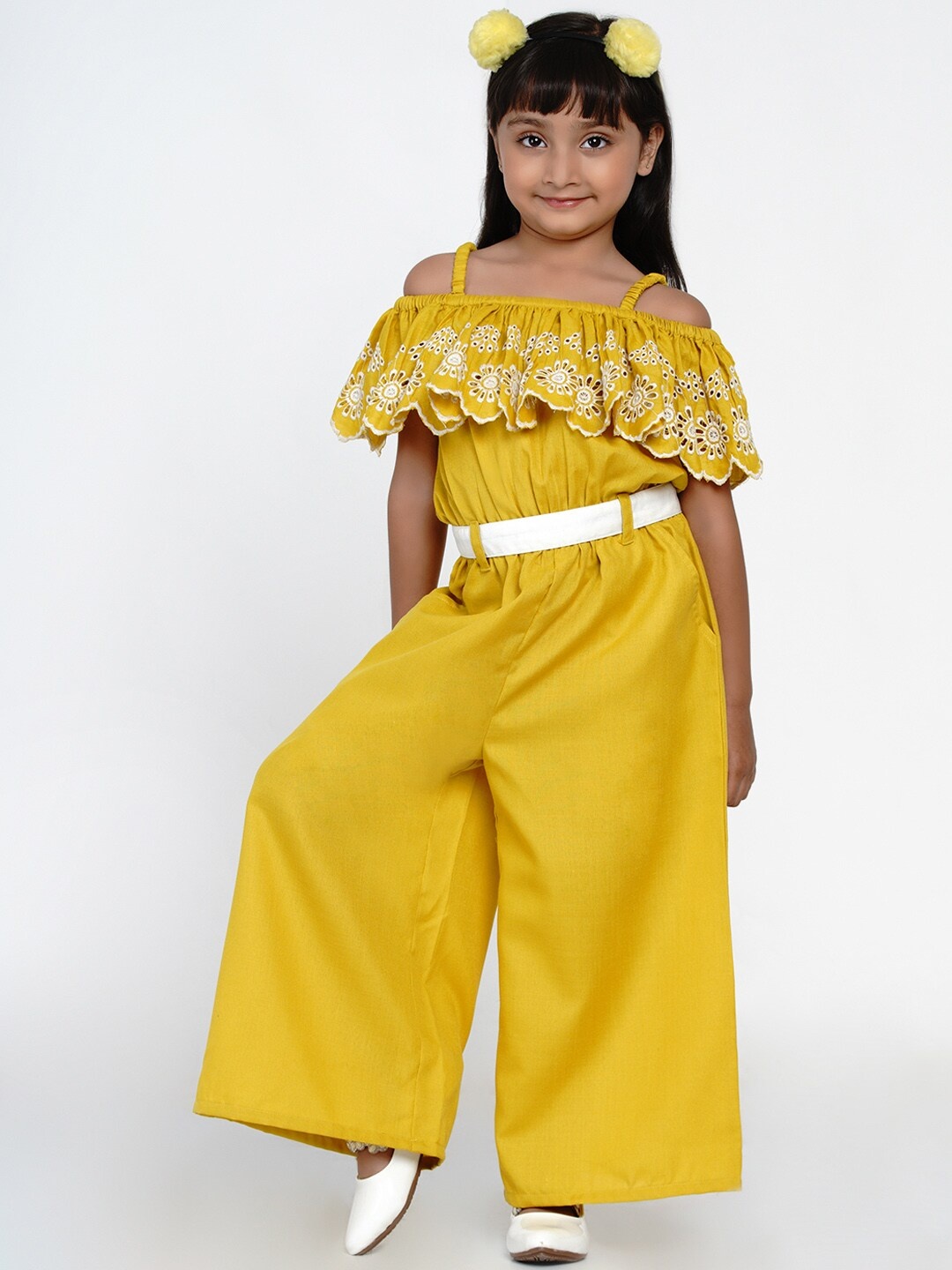 

Bitiya by Bhama Girls Mustard Yellow & White Solid Basic Jumpsuit