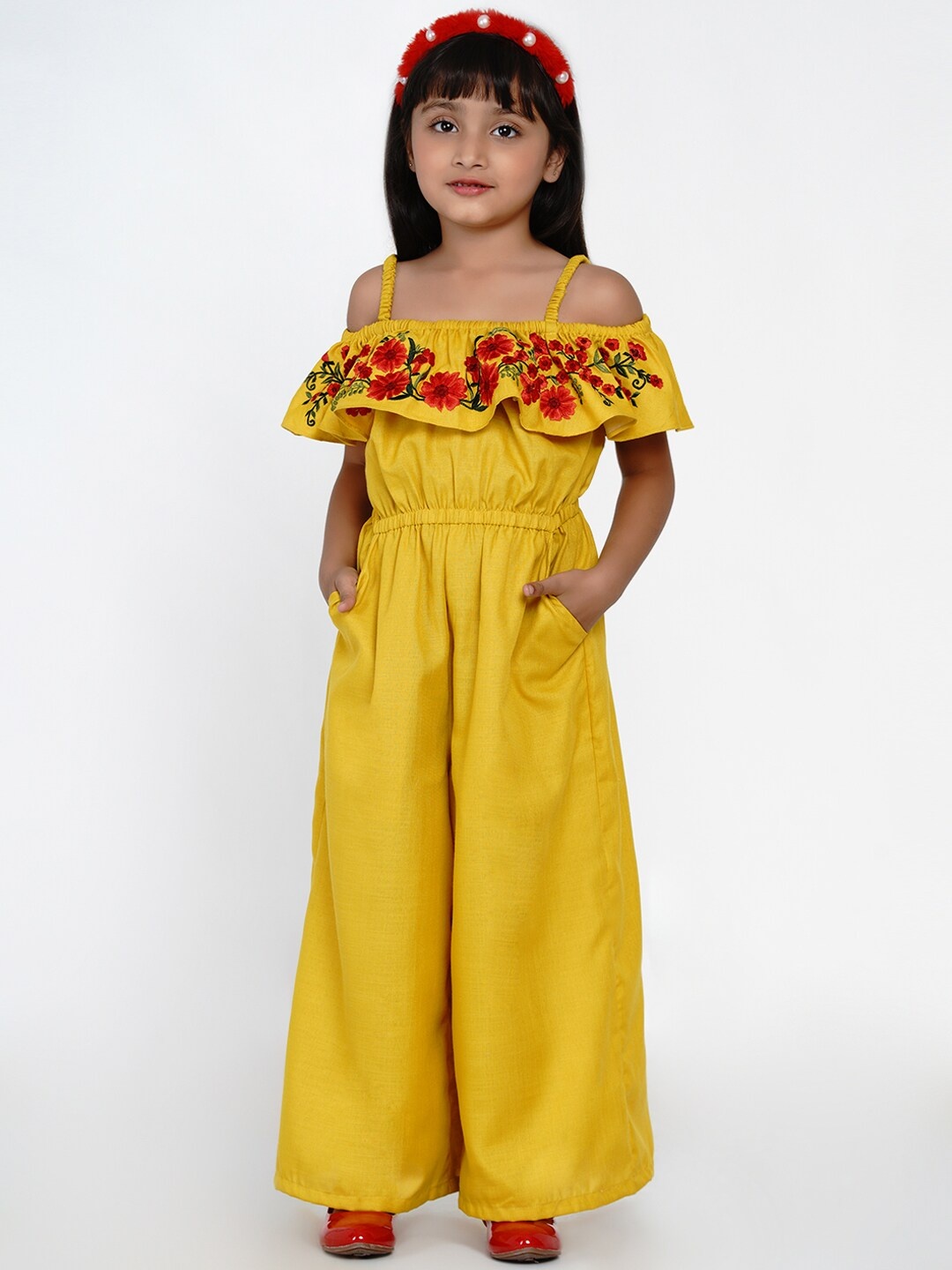 

Bitiya by Bhama Girls Mustard Yellow & Red Solid Basic Jumpsuit