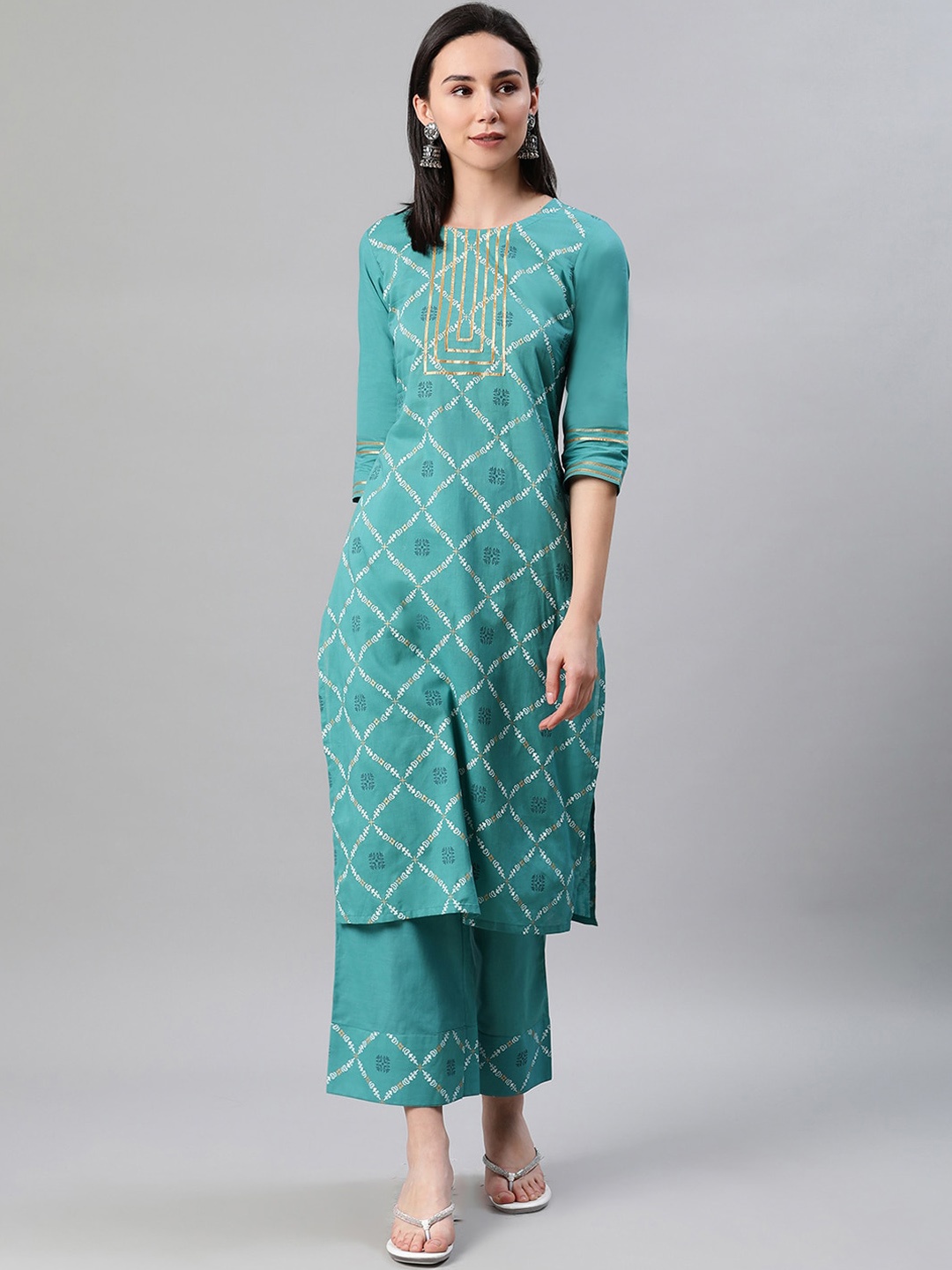 

ZIYAA Women Blue & Golden Foil Printed Kurta with Palazzos