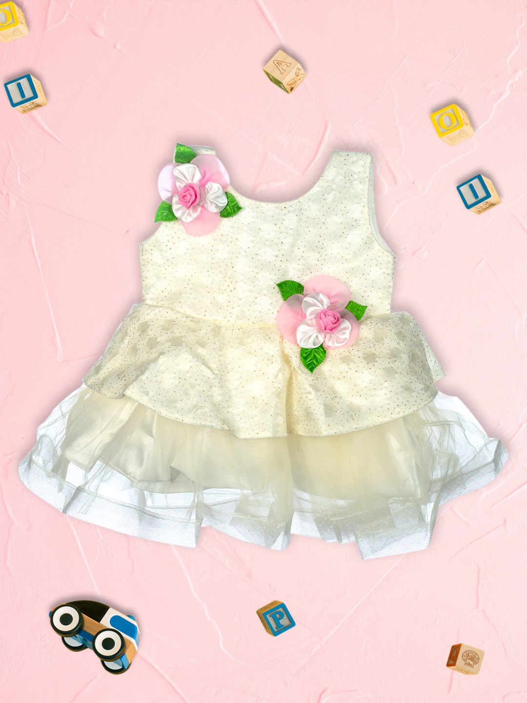 

MeeMee Girls Cream-Coloured Self Designed Fit and Flare Dress