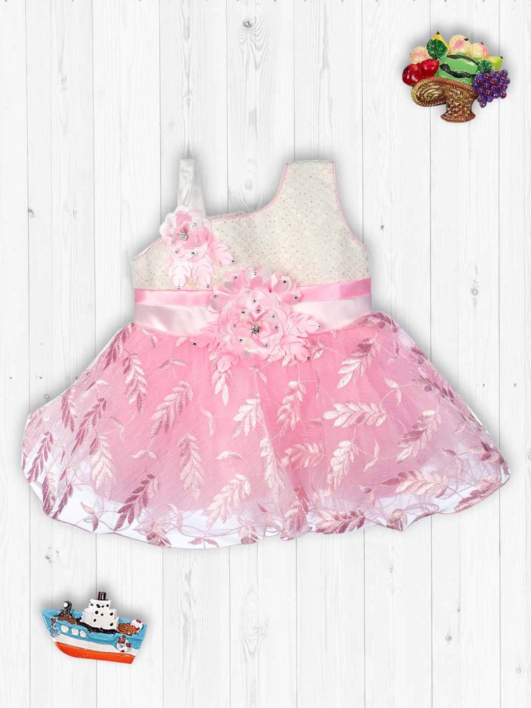 

MeeMee Infant Girls Pink & White Floral Print Embellished Pure Cotton Fit and Flare Dress