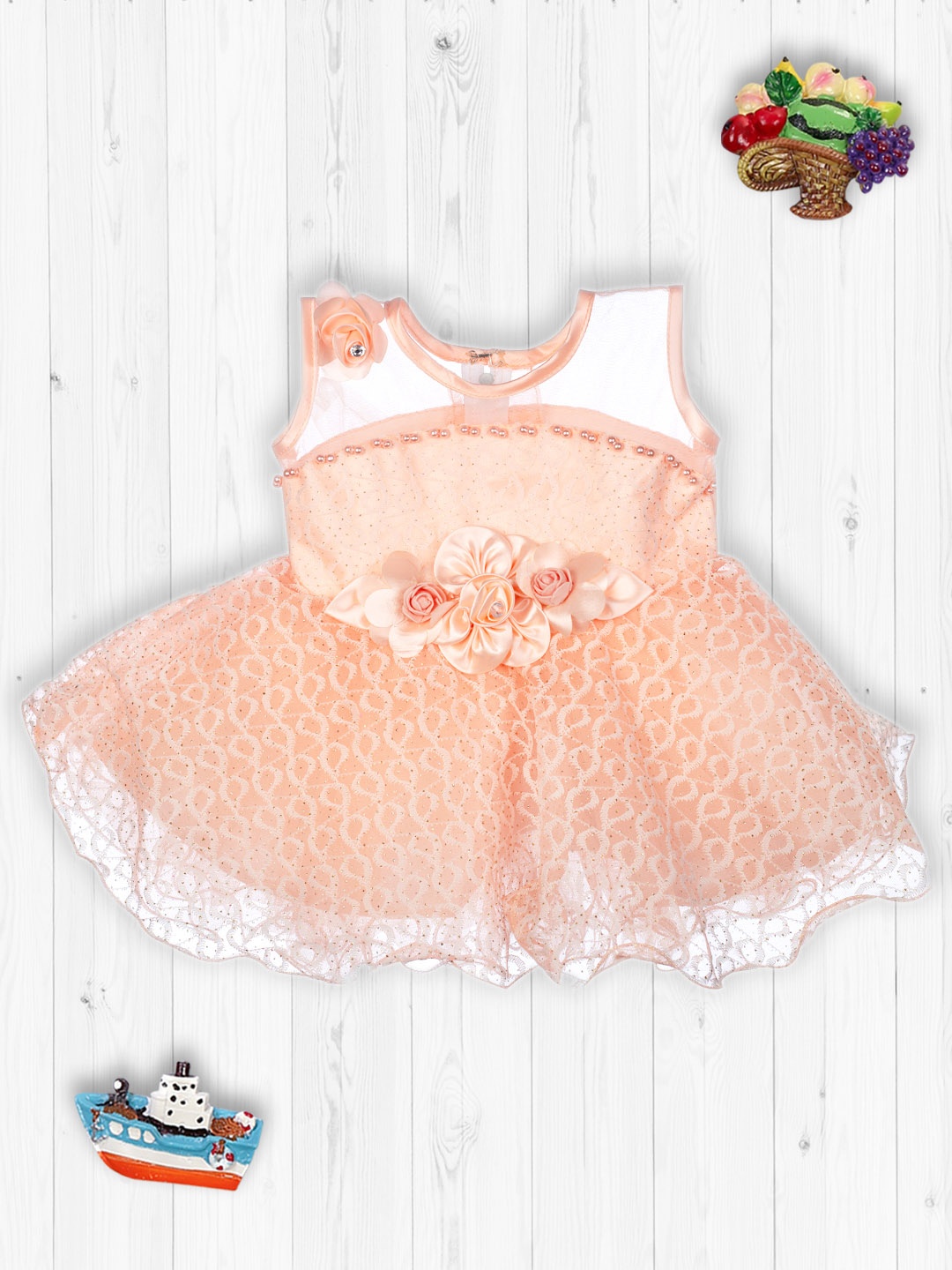 

MeeMee Girls Peach-Coloured Fit and Flare Cotton Frilly Party Dress
