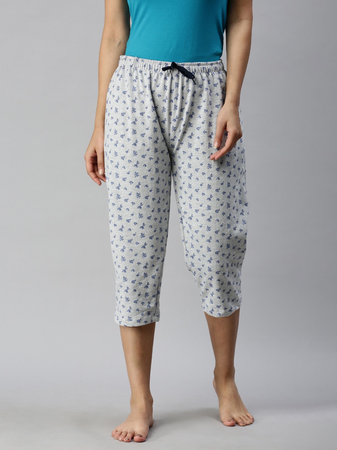 

Kryptic Women Grey Melange & Blue Printed Cotton Lounge Capris