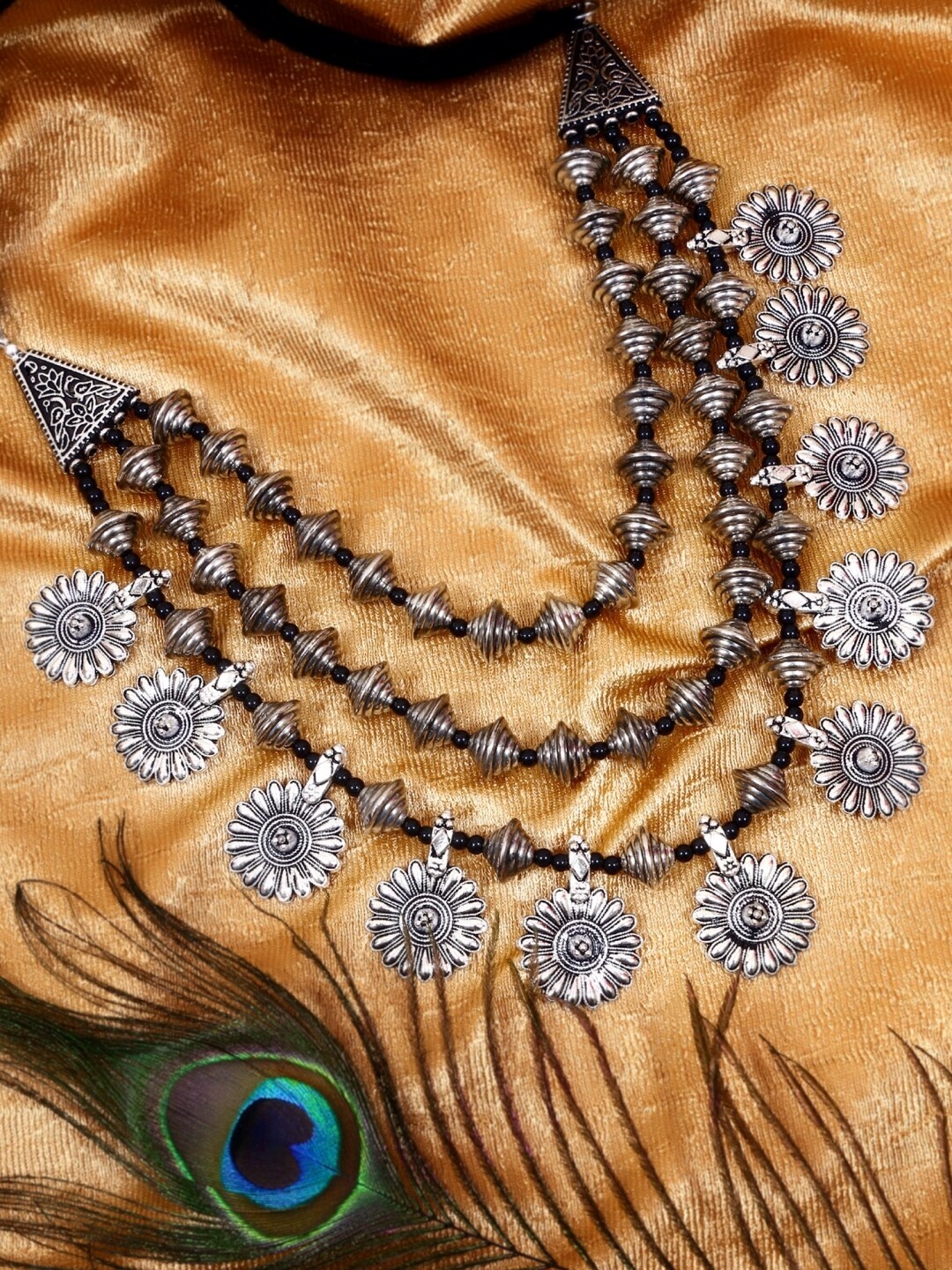 

Crunchy Fashion Silver-Plated & Black Alloy Oxidised Layered Necklace