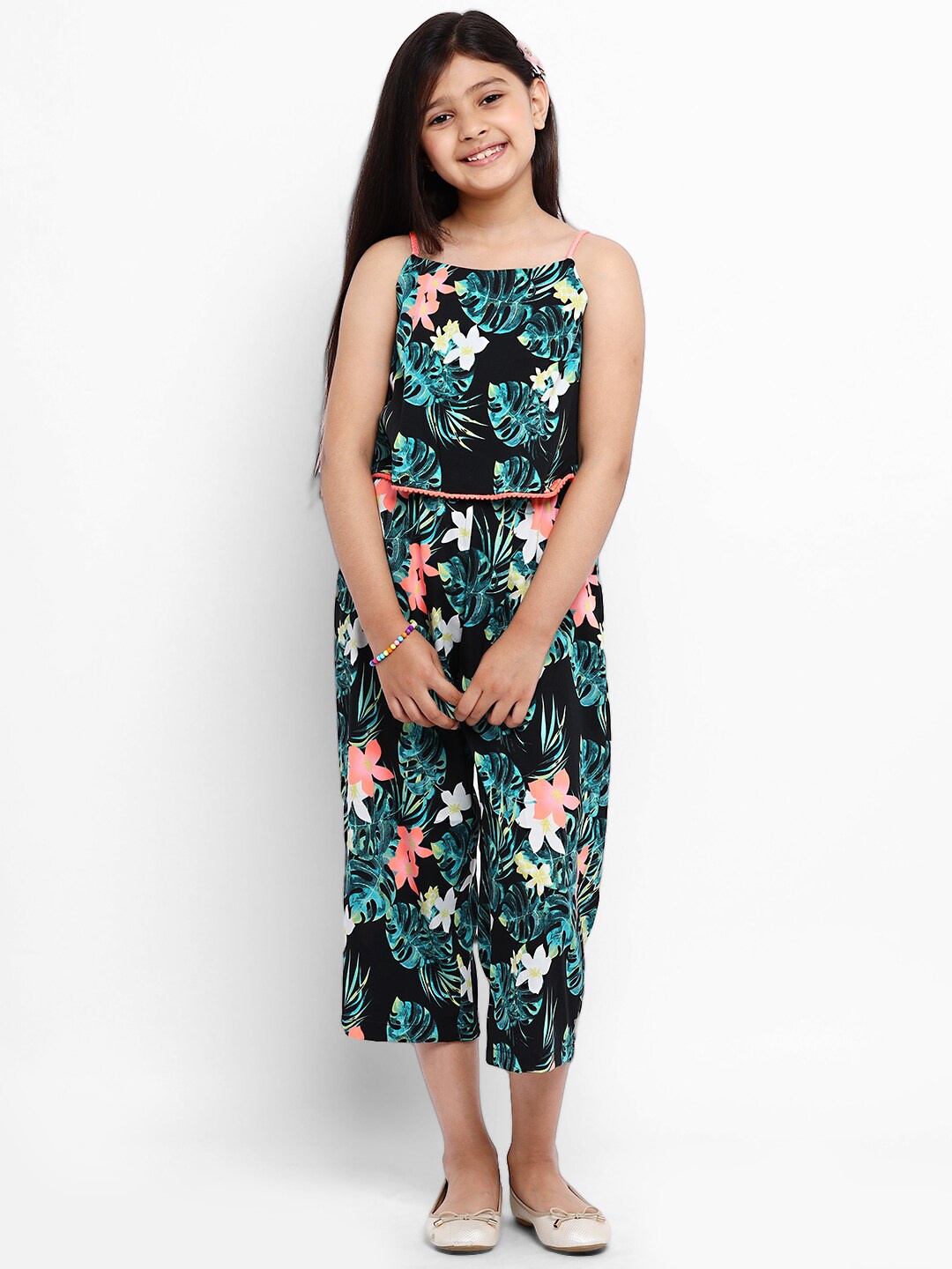 

Natilene Girls Black & Turquoise Blue Printed Capri Jumpsuit