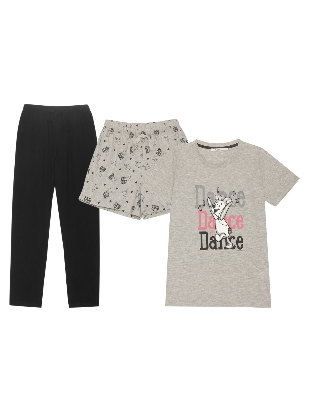 

MADAME M SECRET Women Grey Melange & Black Printed Night Suit