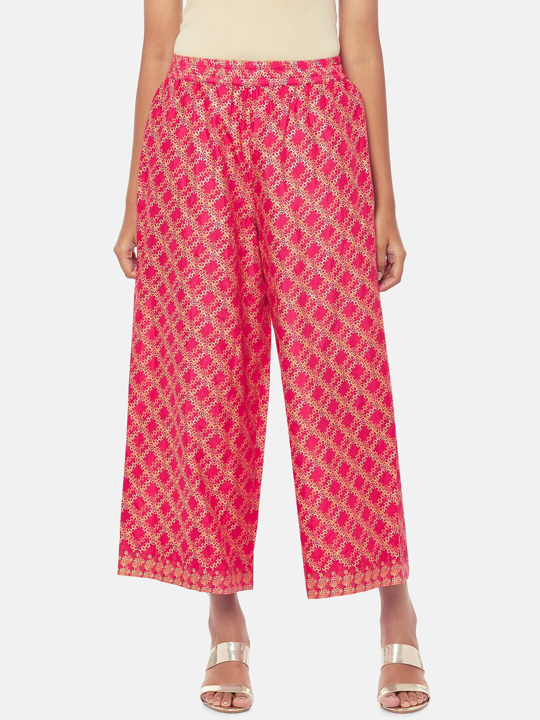 

RANGMANCH BY PANTALOONS Women Pink & Golden Printed Straight Palazzos