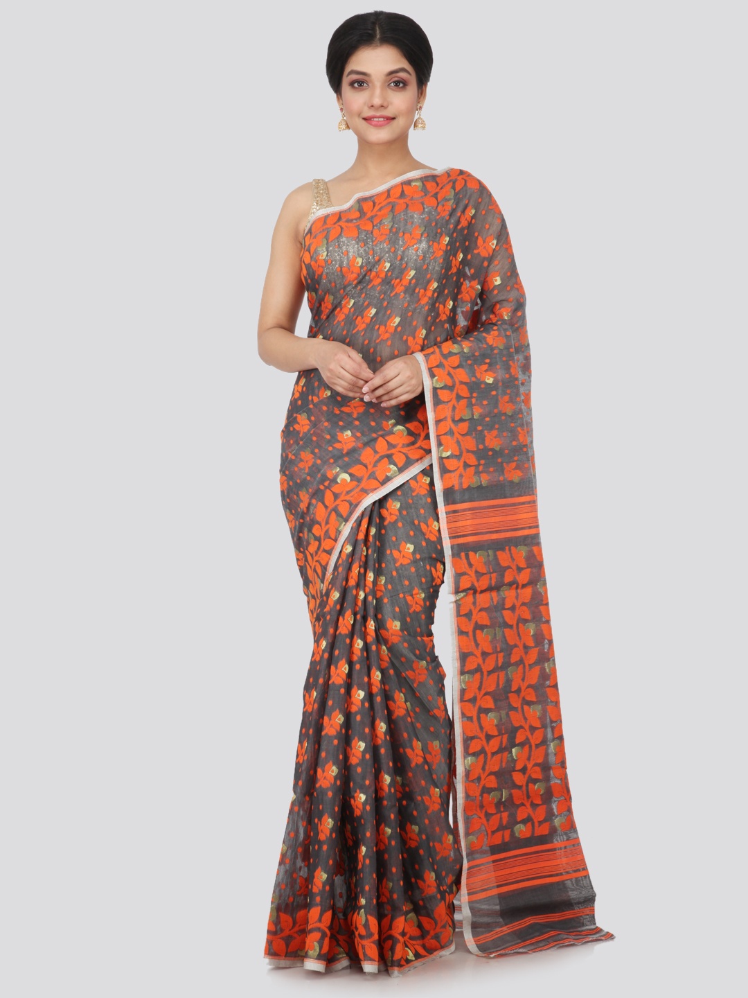 

PinkLoom Grey & Orange Pure Cotton Woven Design Handloom Jamdani Saree