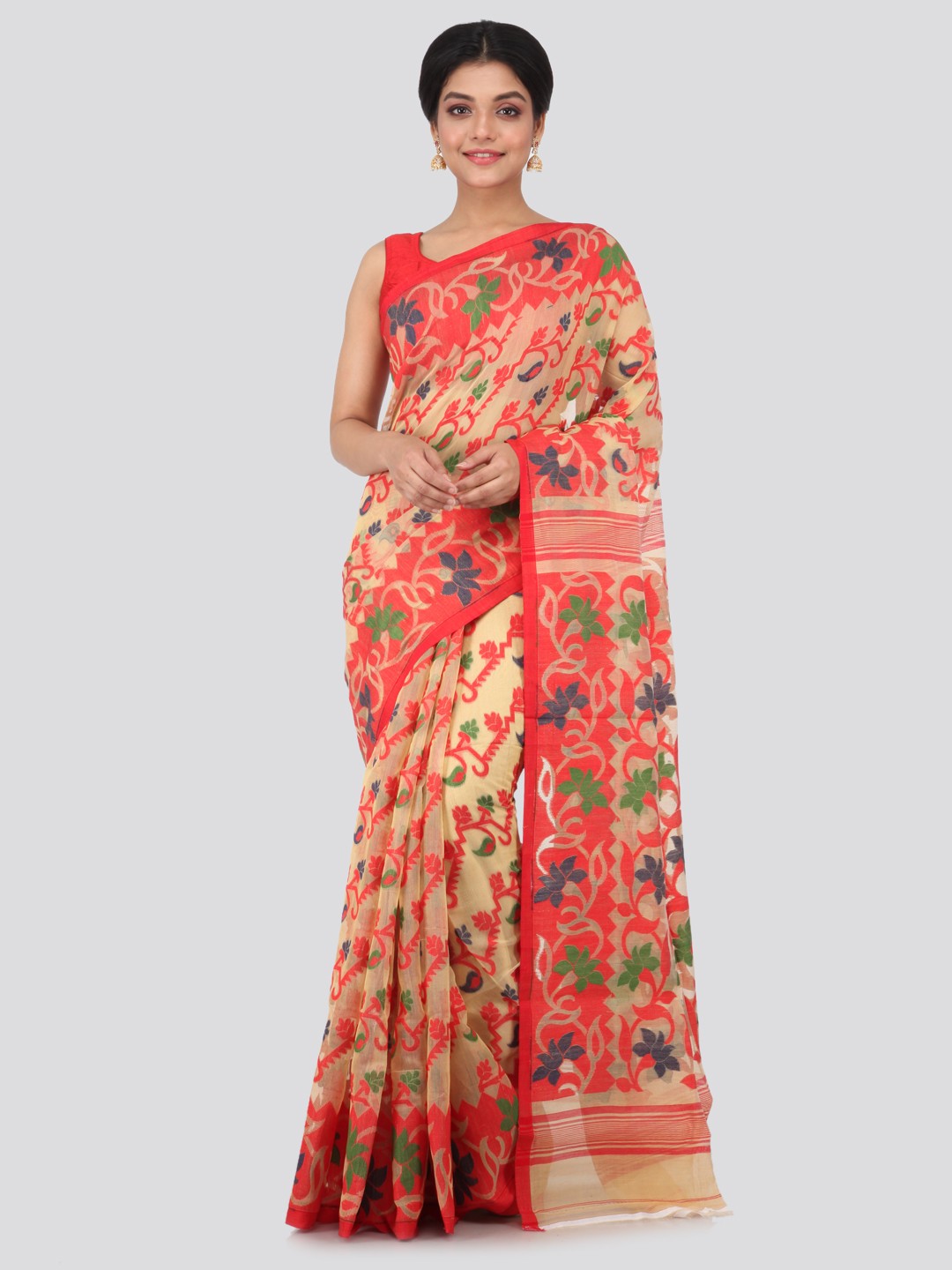 

PinkLoom Beige & Red Pure Cotton Woven Design Handloom Jamdani Sustainable Saree