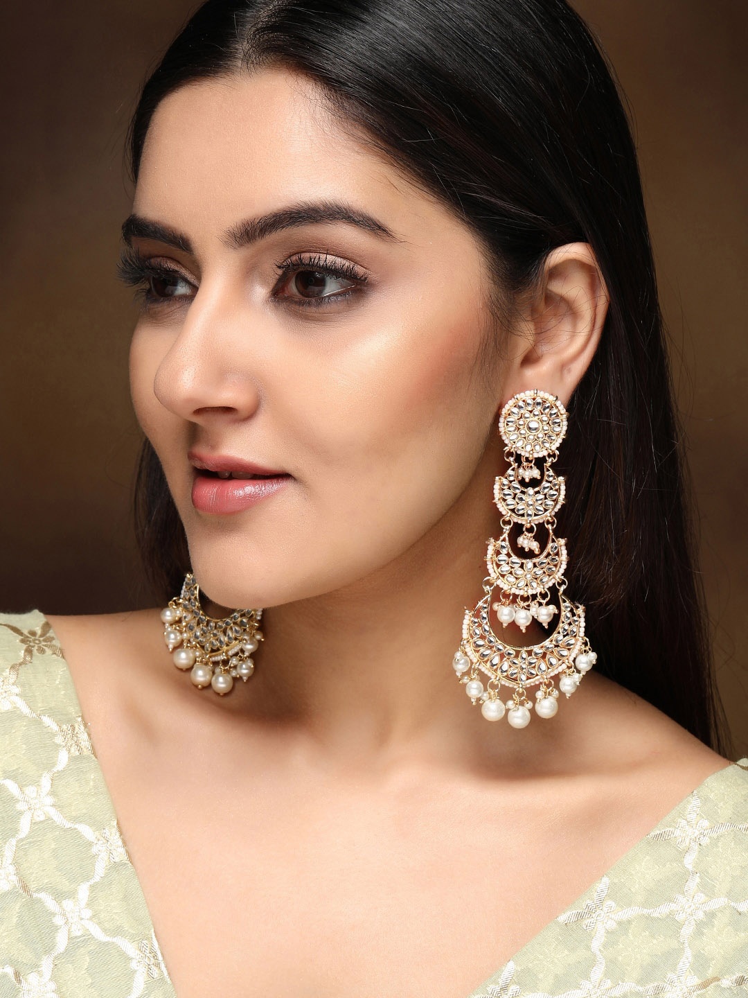 

Rubans 22K Gold Plated Handcrafted Big Chandbali Earrings with Kundan Studded Pearl Beading