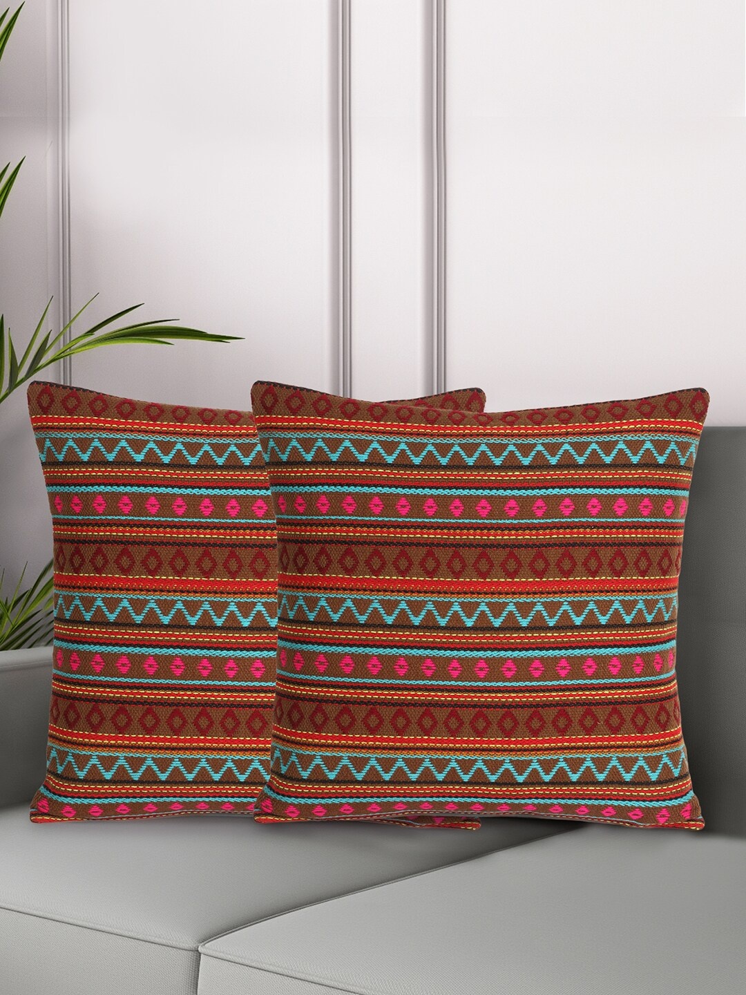 

Mezposh Brown & Maroon Set of 2 Ethnic Motifs Square Cushion Covers