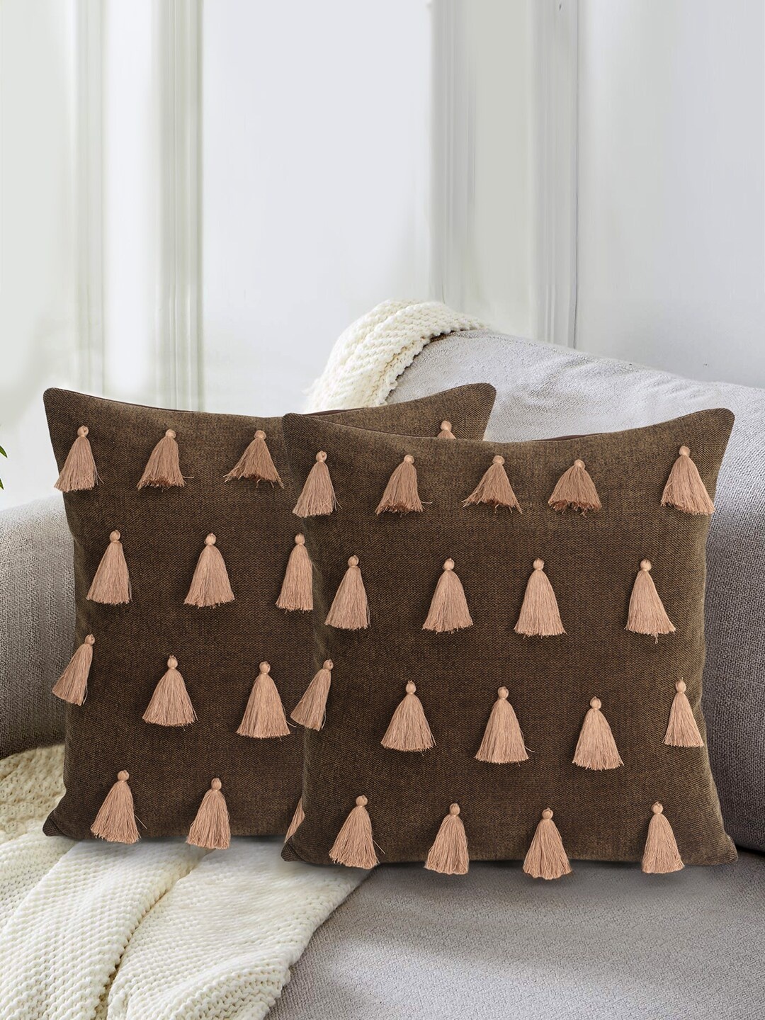 

Mezposh Brown & Nude-Coloured Set of 2 Tasselled Embellished Square Cushion Covers